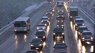 A traffic jam in the winter highlighting the dangers of winter driving
