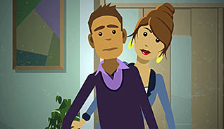 A cartoon man and woman look at the camera confused whrn learning about the 8 keys to a more respectful workplace