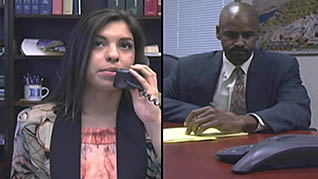 A man and a woman discuss pandemic preparedness over the phone