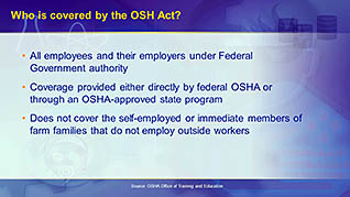 A slide discussing who is covered by the OSHA act