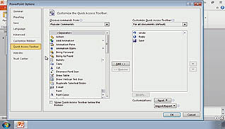 Menu screen showing how to customize the PowerPoint Environment in Microsoft PowerPoint 2010