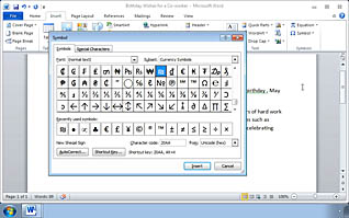 Choosing  Special Characters and Graphical Objects in Microsoft Word 2010