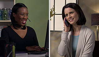 Two women on the phone together