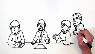 A drawing of a company meeting